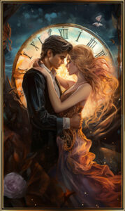 Tarotkarte - Paar küsst sich leidenschaftlich mit Uhr im Hintergrund